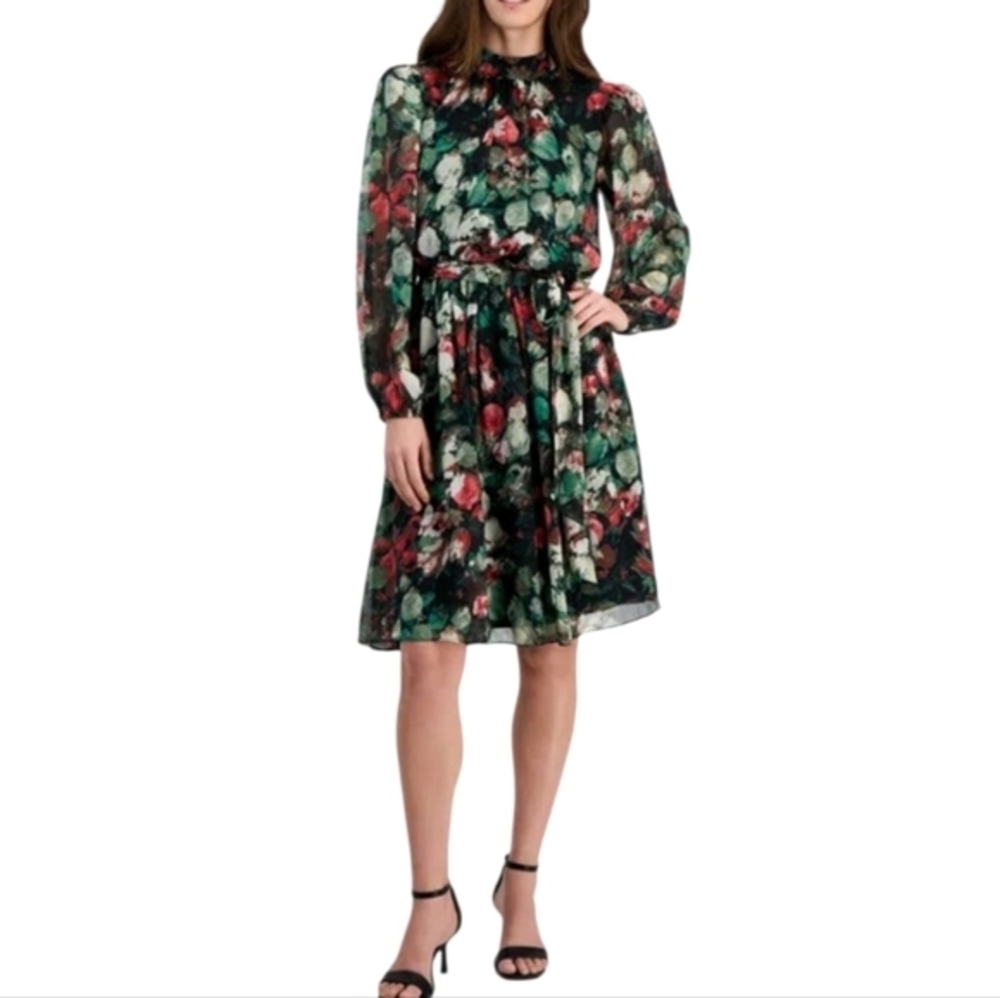 Tahari Floral Print‎ Long Sleeve Women's Dress Black Red Size 12 New Tied Waist